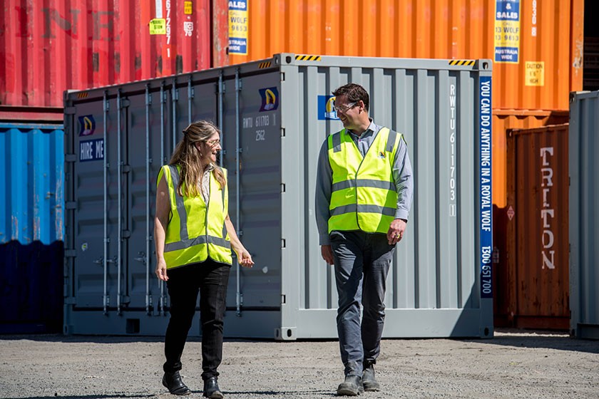 Bethlehem House CEO Stephanie Kirkman Meikle and Royal Wolf Business Development Manager (Tasmania) Michael Nicholson at the Royal Wolf depot in Tasmania. Photo: Alastair Bett