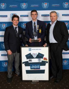 With Simon Hickey (L) and Paul Creighton (R) Harry Plummer (C) receives the 2016 Junior Rugby Foundation Scholarship. Auckland Rugby Union Awards 2016, Eden Park, Auckland, New Zealand on Wednesday, October 26, 2016. Copyright photo: David Rowland / www.photosport.nz